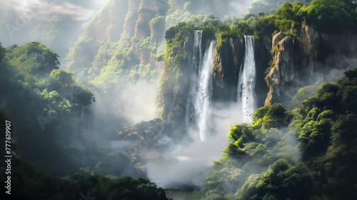 Majestic Waterfall Amidst Lush Green Forest in Ethereal Morning Light