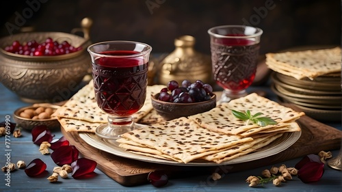 A Passover seder feast including red kosher wine  white matzah  or matza on an antique wood backdrop with text space