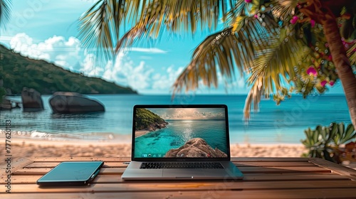 enticing visual of a laptop against a scenic beach backdrop, epitomizing the freedom and relaxation of digital nomad lifestyle amidst vacation. photo