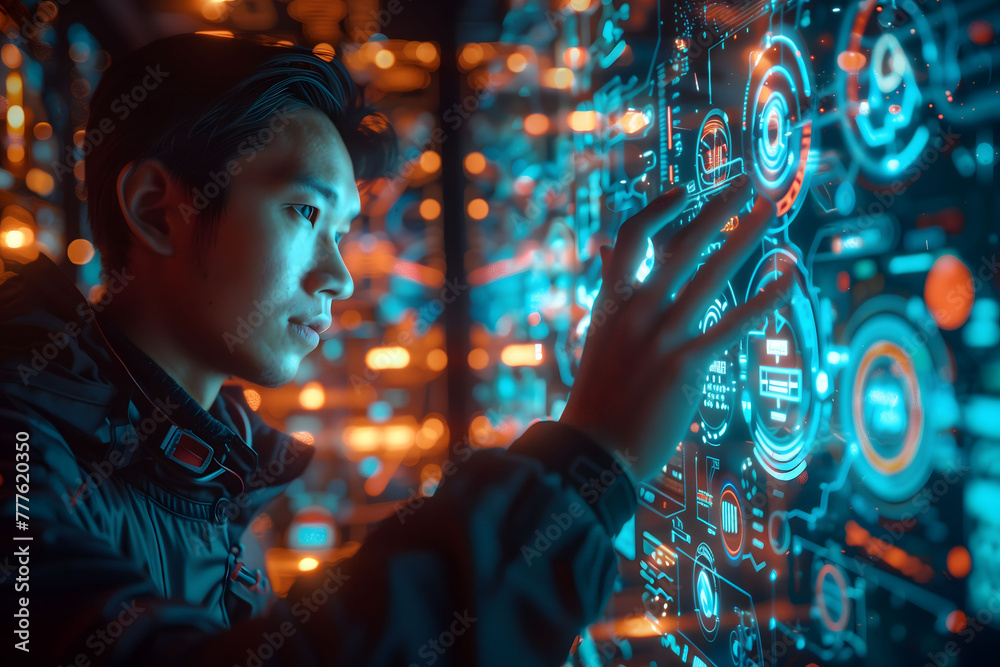 Futuristic interface interaction with focused young Asian man Futuristic interface interaction with focused young Asian man