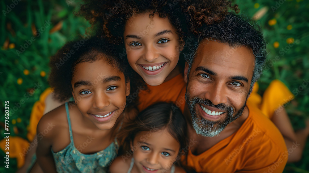 Happy family bonding in nature with cheerful father and daughters Happy family bonding in nature with cheerful father and daughters
