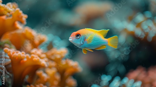  A tight shot of a fish near corals, with corals in the backdrop and water in the foreground