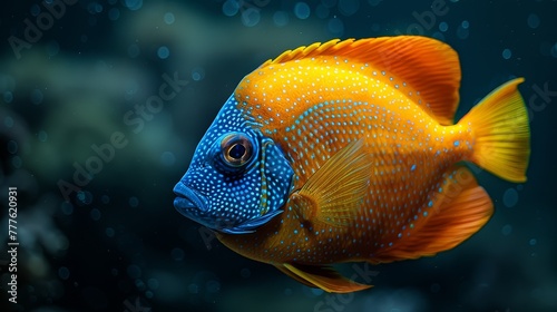   Blue-yellow fish, close-up in aquarium Bubbles in clear water against black backdrop © Jevjenijs