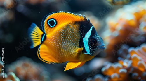  A detailed view of a vibrant blue-yellow fish near corals against a backdrop of more corals and water