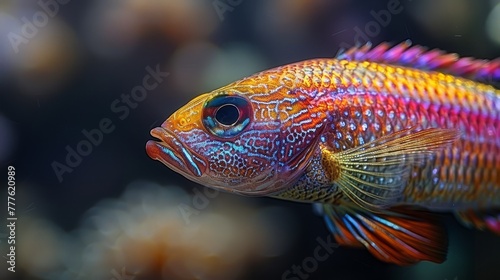  A tight shot of a vibrant fish against a dark backdrop, subtly blurring an secondary fish figure behind