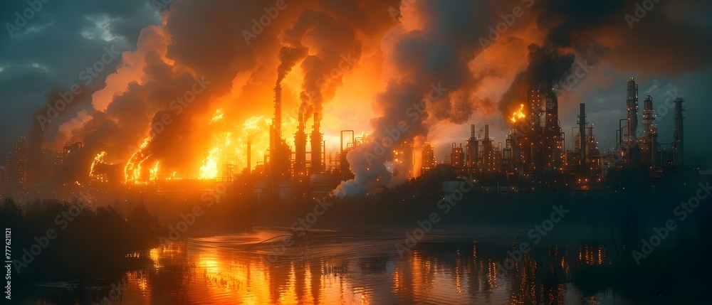 Implementing Safety Measures and Emergency Response for Industrial Fire at Factory. Concept Emergency Response, Industrial Safety, Factory Fire, Risk Management, Safety Protocols