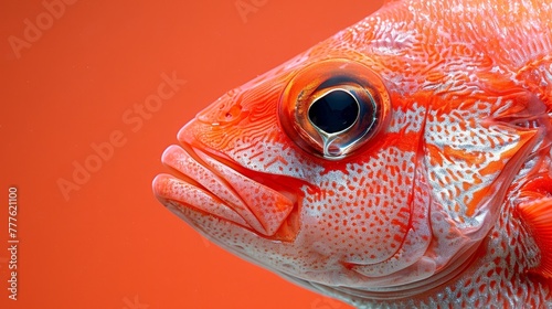   A fish's face in tight focus against an orange backdrop, exhibiting a small puncture near its eyestick photo