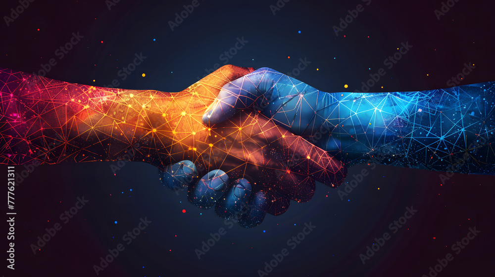 Abstract digital handshake on dark background, successful business deal and collaboration concept