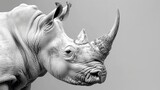   A monochrome image of a rhino's head displaying a massive, curved horn and slender twin horns