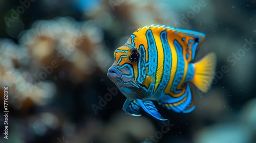  A tight shot of a blue-yellow fish with a black-white lateral band and coral in the backdrop