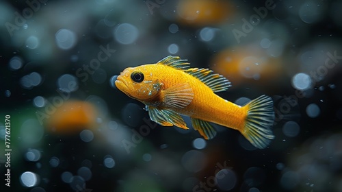  A tight shot of a tiny yellow fish swimming in a water body, adorned with water droplets on its surface
