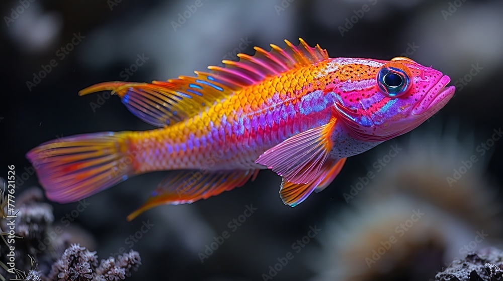   A tight shot of a vibrant fish in an aquarium, surrounded by corals in the foreground and water receding in the background
