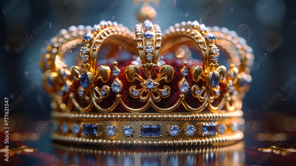  A detailed shot of a gold crown, adorned with blue and white stones along its sides, atop a gleaming surface