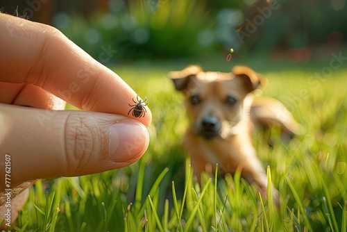 A tick on human finger with a dog lying in the grass. © Bargais