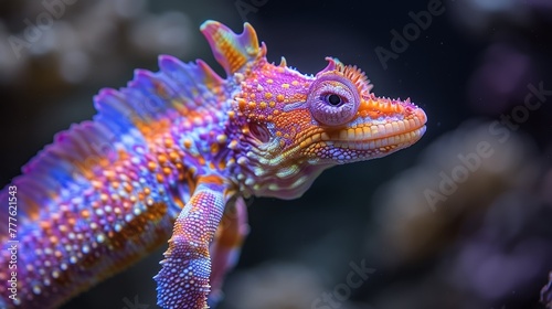  A tight shot of a vibrant chameleon perched on a branch against a softly blurred background