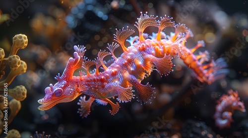   A tight shot of a red and orange sea anemone on coral  surrounded by other corals in the background