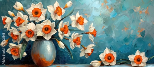 A vibrant painting showcasing white and orange Narc flowers arranged in a vase, depicted with attention to detail and color.