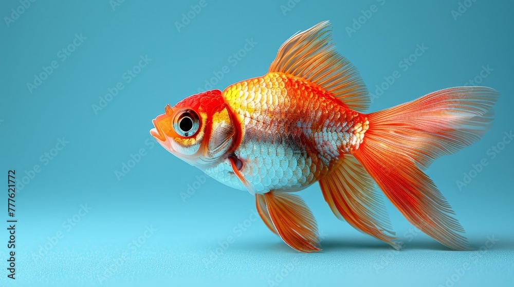 Goldfish over blue background Water reflects fish's head Goldfish over blue background Water reflects fish's head