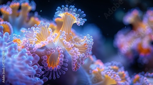   A tight shot of a gathering of sea anemones against a backdrop of blue and pink anemones