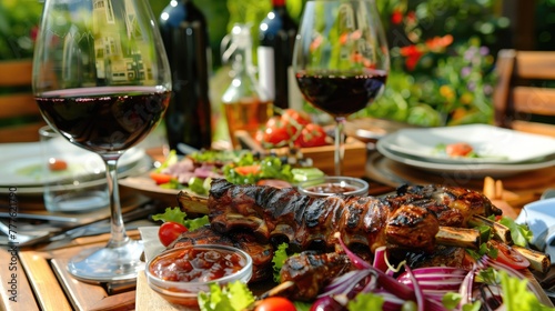 Backyard picnic with wine and grilled meat and pork ribs on sunny day photo
