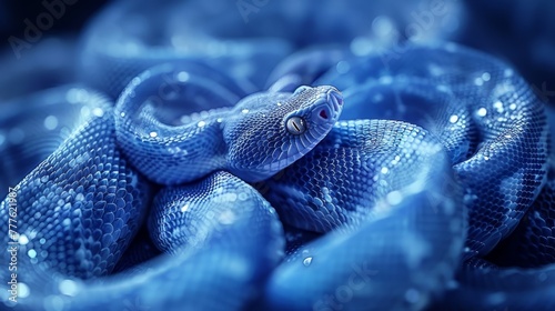   A tight shot of a blue snake atop a mound of blue plastic, ensnaring its head photo