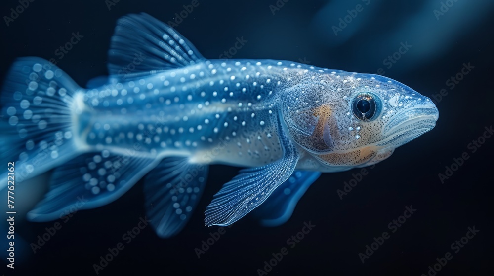   A blue and white fish with white spots against a black backdrop