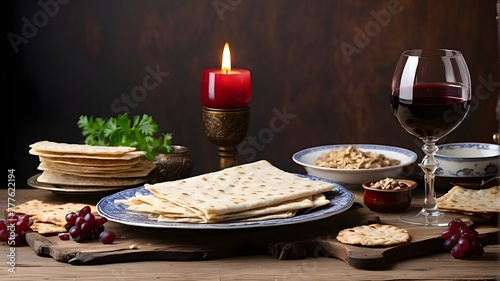 A Passover seder feast including red kosher wine, white matzah, or matza on an antique wood backdrop with text space