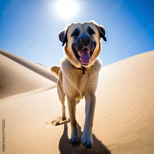 Cool Anatolian Shepherd Dog exploring a desert landscape with towering sand dunes and a clear blue sky pet photography adorab photo