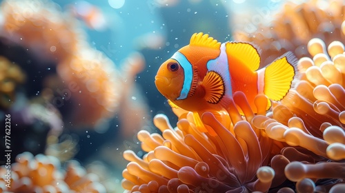   A tight shot of an orange-white clownfish among corals against a backdrop of more corals and water © Jevjenijs