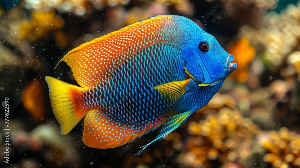 A tight shot of a vibrant blue-yellow fish among corals, with coral formations in the background A tight shot of a vibrant blue-yellow fish among corals, with coral formations in the background