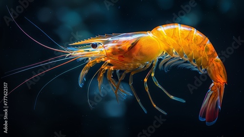  A sharp yellow shrimp against a black backdrop, subtly blurred fish silhouette behind
