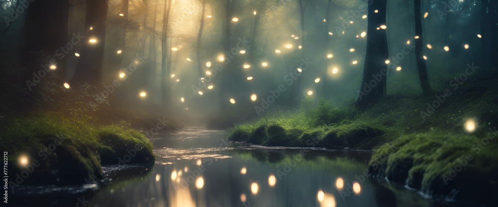A magical forest with glowing fireflies and a crystal clear river, creating an enchanting atmosphere for fantasy themed artwork. Generative AI