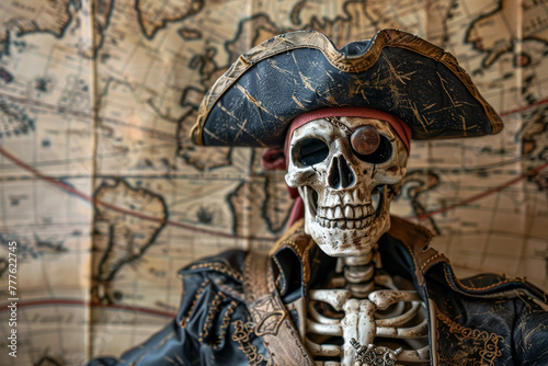 A skeleton wearing a pirate costume is standing in front of a map of the world