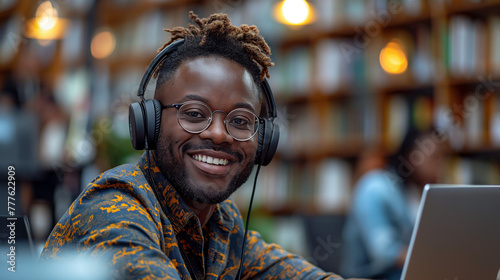 African man wearing headphones working with laptop, smiling and looking at camera, Gen AI