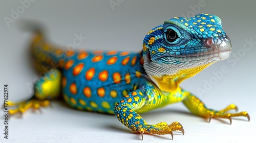   A tight shot of a blue-yellow lizard against a white background  adorned with orange and yellow spots