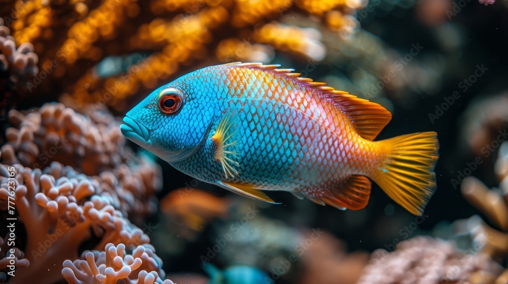 A tight shot of a vibrant blue-yellow fish near corals, surrounded by additional corals in the background A tight shot of a vibrant blue-yellow fish near corals, surrounded by additional corals in the background