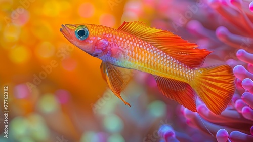  A tight shot of a goldfish amidst corals, with various corals in the background