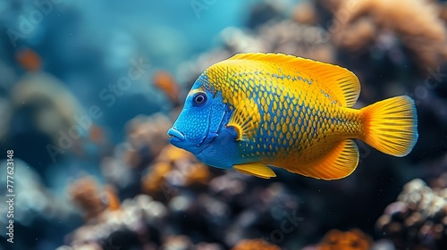  A blue-and-yellow fish swims among corals, with corals in the background