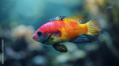  A tight shot of a red-yellow fish swimming against an aquarium backdrop, surrounded by other fish in the transparent water