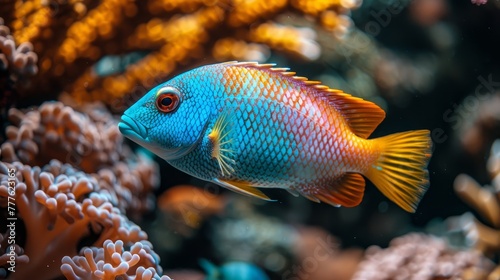  A tight shot of a vibrant blue-yellow fish near corals, surrounded by additional corals in the background