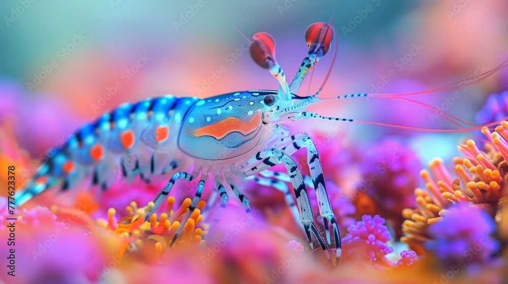   A tight shot of a blue-orange shrimp perched on coral, surrounded by additional corals in the backdrop