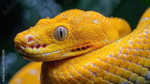  A tight shot of a yellow snake's head against a hazy backdrop of green foliage