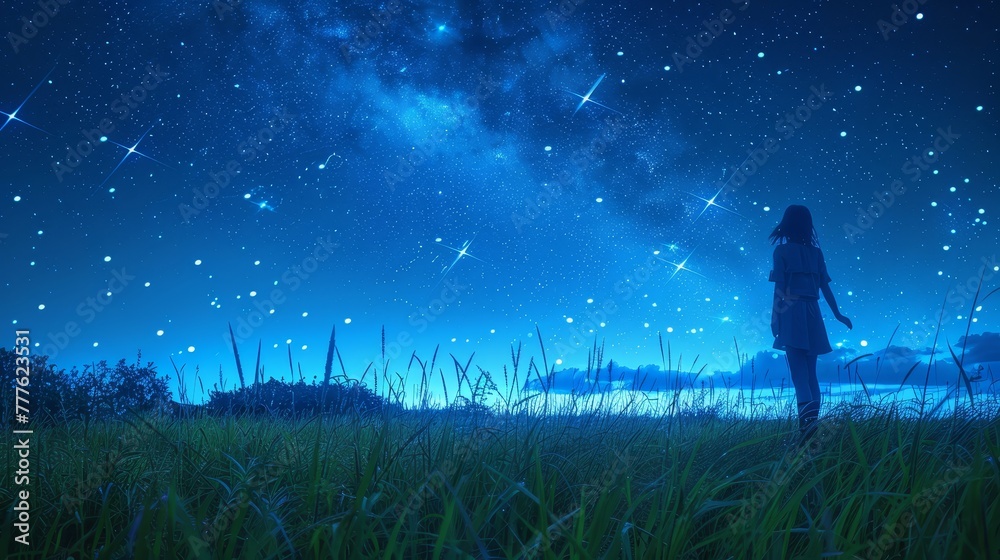   A woman gazes up at the star-filled night sky in a field