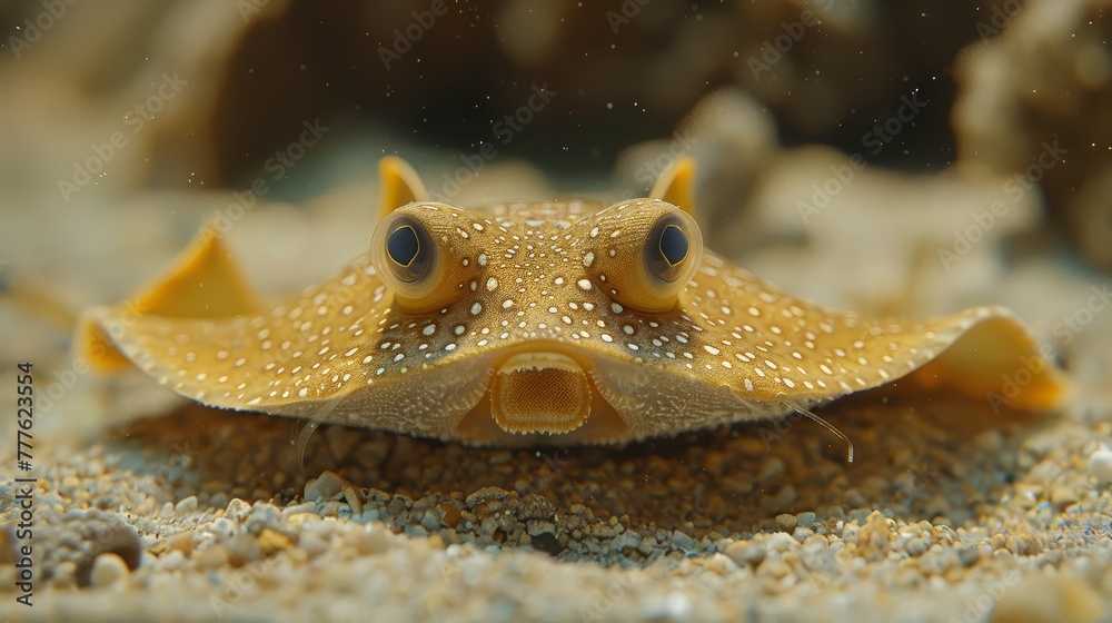 A tight shot of a tiny yellow fish on a sandy base, surrounded by rocks in the backdrop, and water up front A tight shot of a tiny yellow fish on a sandy base, surrounded by rocks in the backdrop, and water up front