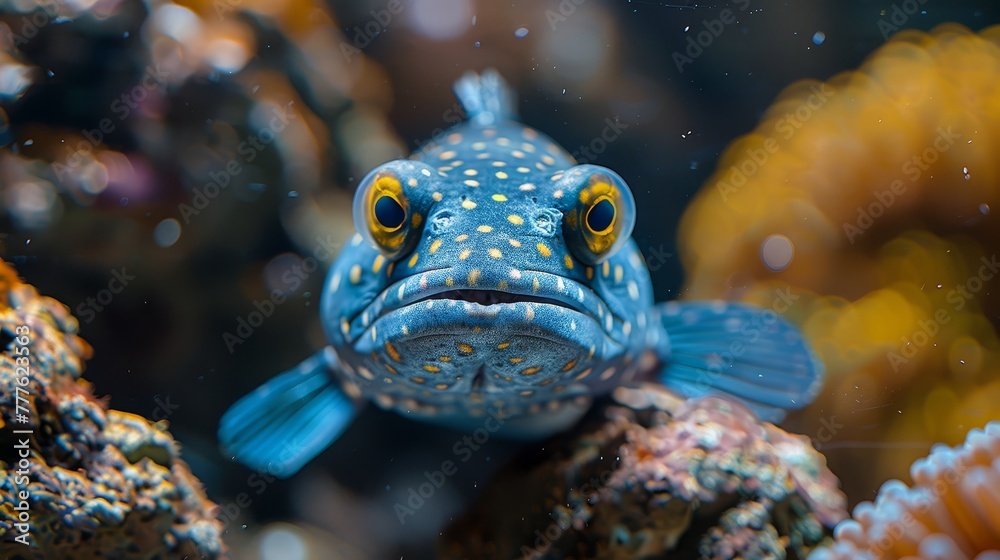 A tight shot of a vibrant blue-yellow fish amidst corals, with corals populating the background A tight shot of a vibrant blue-yellow fish amidst corals, with corals populating the background