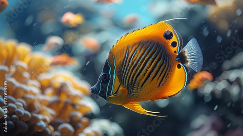   A tight shot of a fish against a backdrop of coral teeming with other fish, surrounded by water in the front © Jevjenijs