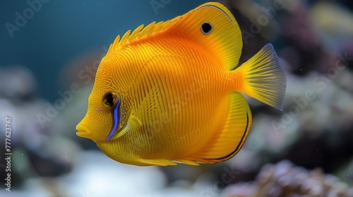  A tight shot of a yellow fish bearing a blue streak across its visage, with coral forming the backdrop