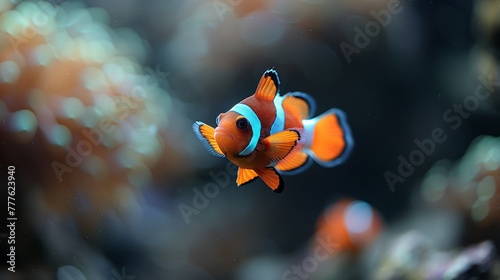  A tight shot of an orange-blue clownfish near an aquarium glass, surrounded by swimming other fish in the clear water background