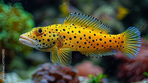   A tight shot of a yellow fish  adorned with black spots  swims near a vibrant coral backdrop