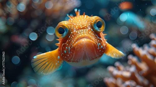  A tight shot of a fish with corals in the foreground, bubbles in its mouth, and a blurred backdrop